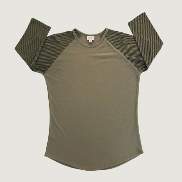 LuLaRoe Tops - LuLaRoe Randy Baseball Tee Olive Green Ribbed Raglan Striped Sleeve Medium 1414